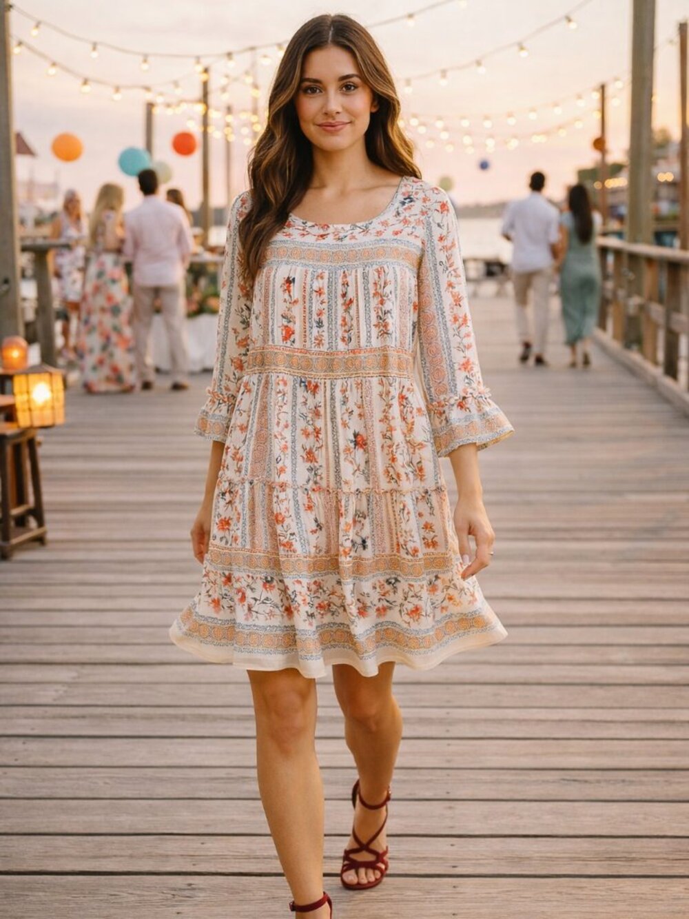 Bohemian‎ Floral Lined Tiered Bell Sleeve Resort Fairy Cottagecore Party Dress M